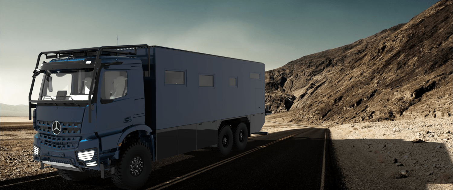 Expedition vehicle-Alberts 82UEX front view-on-the-road