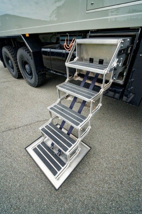 Albert&#39;s fully electric stairs installed on the 6x6 expedition vehicle